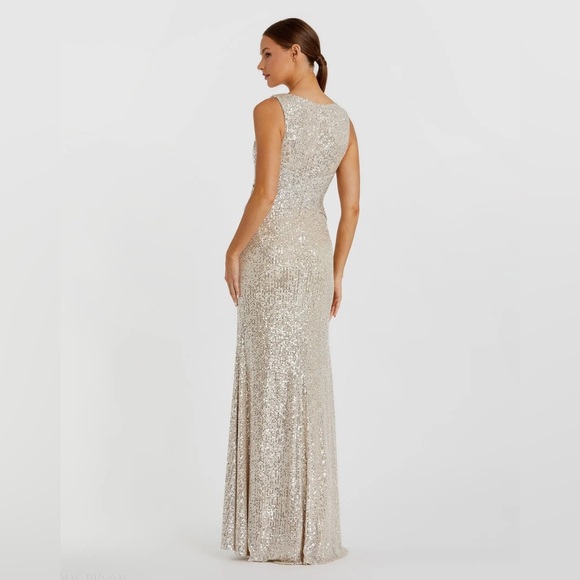 Mac Duggal Silver Sequin V Neck Wrap Gown Nude Formal Evening Dress 16 NWT - Picture 5 of 12